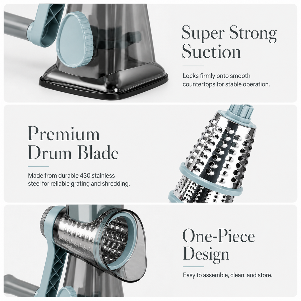 Rotary cheese grater premium suction drum blade and one-piece design features